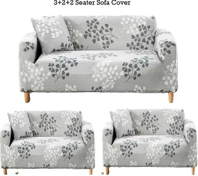 TONY STARK Polycotton Geometric 3+2+2 Seater Sofa Cover(Grey Leaves Pack of 3)