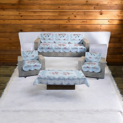 R2H2 Polyester Floral 3+2 Seater Sofa Cover(Blue Pack of 6)
