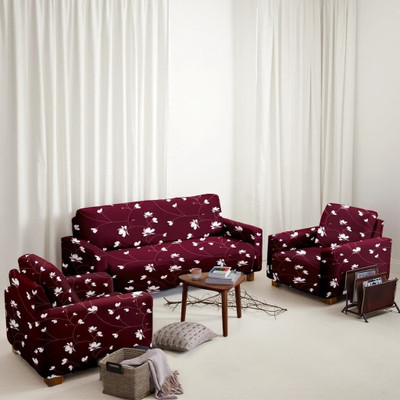 ADstore Polyester Floral 3+1+1 Seater Sofa Cover(Maroon Pack of 1)