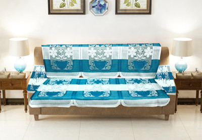 LEAFNEST Cotton 4 Seater Sofa Floral Cover(Pack of 1 Blue, Aqua)