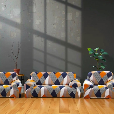 ADstore Polyester Geometric 3+1+1 Seater Sofa Cover(Orange Pack of 1)