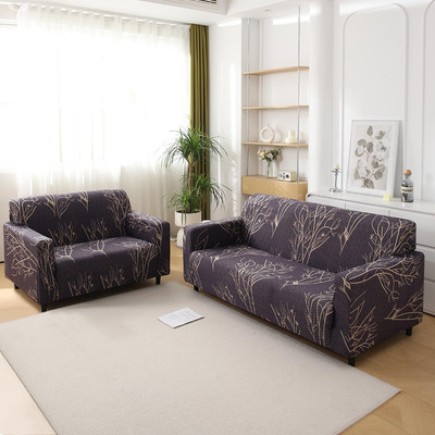 HOKiPO Polyester 3+2 Seater Sofa Floral Cover(Pack of 2 Dark Coffee Twigs)