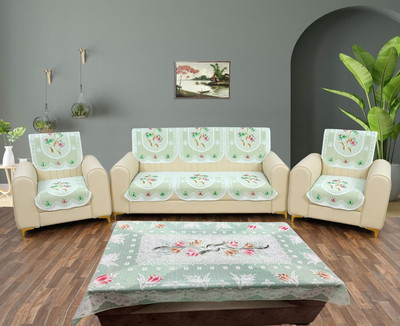 MANGERAM Cotton 3+1+1 Seater Sofa Floral Cover(Pack of 7 Stunning Look Polycotton 5 Seater Sofa Cover with Centre Table Cover Sea Green)