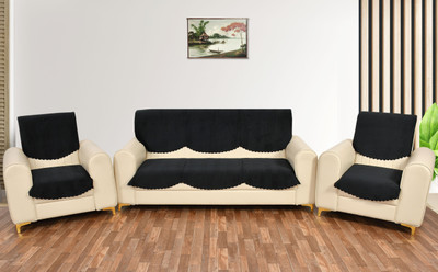 YELLOW WEAVES Velvet Plain 3+2 Seater Sofa Cover(Black Pack of 6)