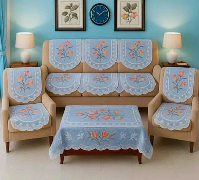 Flavio Polyester 3 Seater Sofa Floral Cover(Pack of 7 Blue)