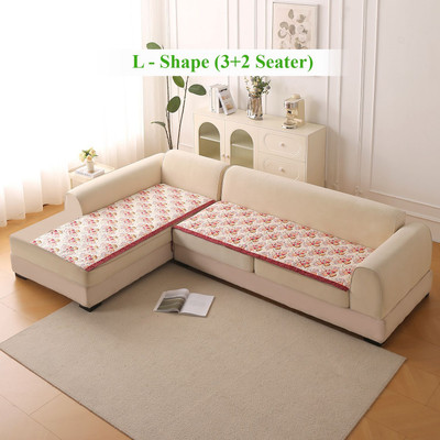 HOKiPO Velvet 3+2 Seater L-Shape Sofa Floral Cover(Pack of 2 Autumn Cream)