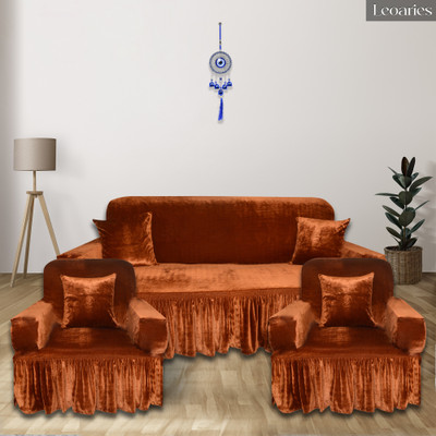 Leoaries Velvet Plain 3+1+1 Seater Sofa Cover(Rust Orange Pack of 3)