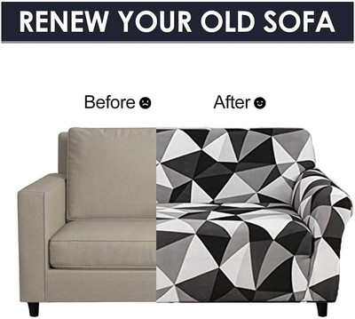 TURIYA Polyester Abstract 3 Seater Sofa Cover(Elastic Stretchable Fully Covered Sofa cover for 2 and 3 seater sofa,Black-white Pack of 1)
