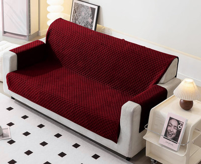 Fashion Throw Velvet 3 Seater Sofa Checkered Cover(Pack of 1 Maroon)