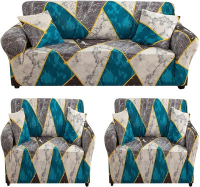 TURIYA Polyester, Polycotton Abstract 3+1+1 Seater Sofa Cover(Blue, Silver Pack of 1)