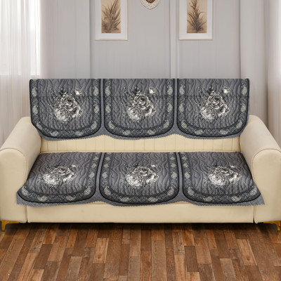 Kailash Velvet Geometric 3 Seater Sofa Cover(Grey Pack of 1)