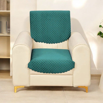 Bigger fish Velvet Checkered 1 Seater Sofa Cover(Dark Green Pack of 2)
