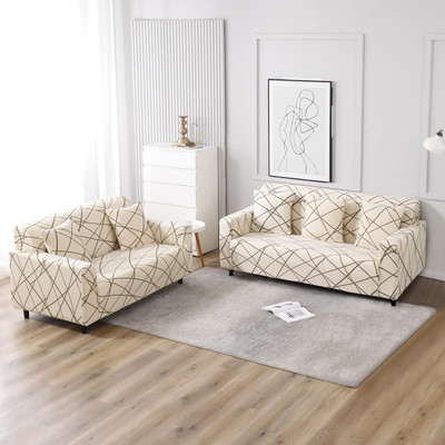 HOKiPO Polyester 3+2 Seater Sofa Abstract Cover(Pack of 2 Beige Abstract Line)
