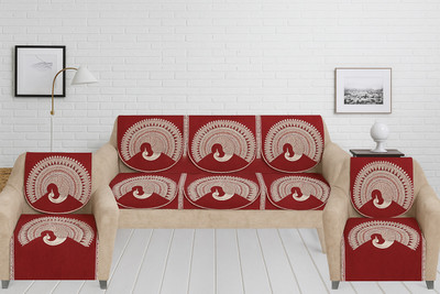 RVS Decor Chenille 3+1+1 Seater Sofa Floral Cover(Pack of 10 Maroon Peacock)