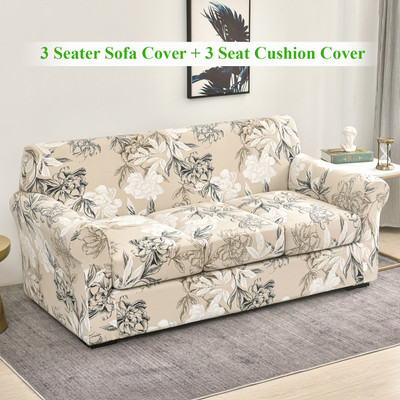HOKiPO Polyester 3 Seater Sofa Floral Cover(Pack of 1 Beige Vintage Peony)