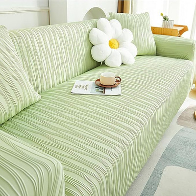 lukzer Polyester Abstract 3 Seater Sofa Cover(Pastel Green Wavy Stripes Pattern Pack of 1)