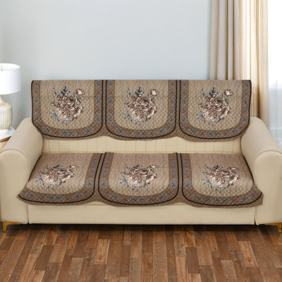 Kailash Velvet Geometric 3 Seater Sofa Cover(Cream Pack of 1)