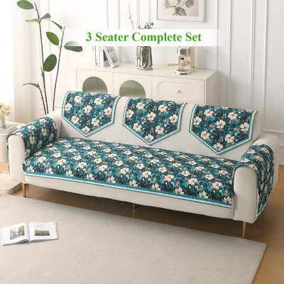 HOKiPO Velvet 3 Seater Sofa Floral Cover(Pack of 6 Pansies Teal)