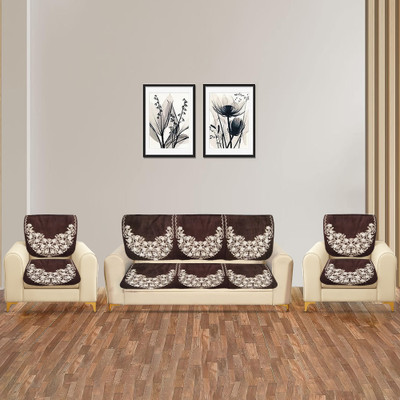 VHH Polyester 3+1+1 Seater Sofa Embroidered Cover(Pack of 1 Brown)