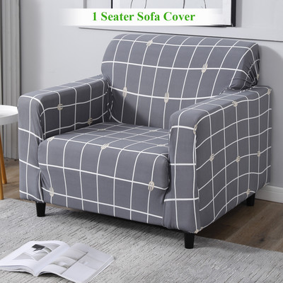 HOKiPO Polyester Checkered 1 Seater Sofa Cover(Grey Pack of 1)