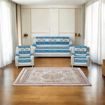 Pinkleaf Polyester Abstract 3+1+1 Seater Sofa Cover(Blue Pack of 1)