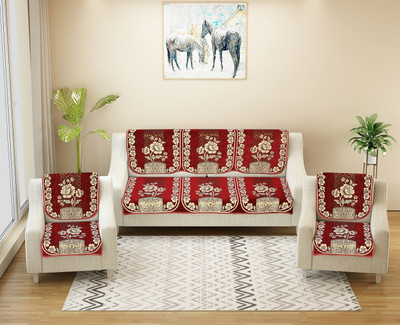 Nendle Chenille Floral 3+2 Seater Sofa Cover(Maroon Pack of 6)