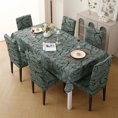 HOKiPO Polyester 6 Seater Chair Abstract Cover(Pack of 7 Set of 6 Dining Chair Cover & Matching Tablecloth, Intense Grey Abstract Floral)