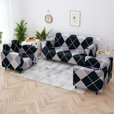 Story@home Polyester Geometric 3+1+1 Seater Sofa Cover(Navy Blue & Grey Pack of 3)