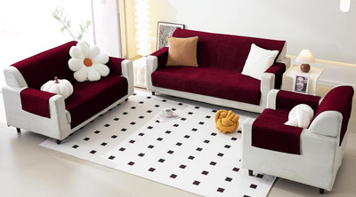 Fashion Throw Velvet Checkered 3+1+1 Seater Sofa Cover(Maroon Pack of 3)