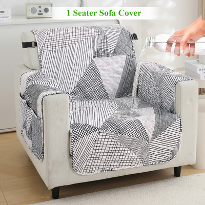 HOKiPO Polyester Geometric 1 Seater Sofa Cover(Snow White Black Geometry Pack of 1)