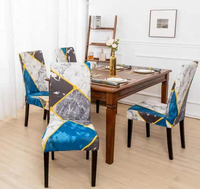 Eleganta Polycotton 1 Seater Chair Geometric Cover(Pack of 4 White, Blue)