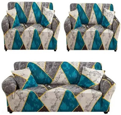 papsun Polyester Geometric 3+1+1 Seater Sofa Cover(Blue Pack of 1)