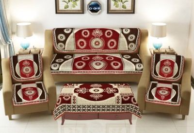 JAYVAAM Velvet, Jacquard, Chenille Abstract Sofa Cover(Maroon Pack of 7)