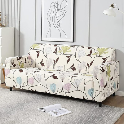 OUOU Polyester 3 Seater Sofa Floral Cover(Pack of 1 WHITE)