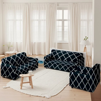 ADstore Polyester Checkered 3+1+1 Seater Sofa Cover(Blue Pack of 1)