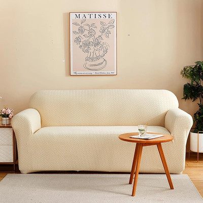 B BESTILO Polyester Checkered 4 Seater Sofa Cover(Cream Pack of 1)