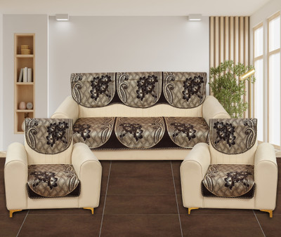 KALASHREEHOMZ Velvet 3+1+1 Seater Sofa Floral Cover(Pack of 10 Brown)