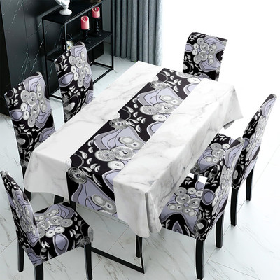 HOKiPO Polyester 6 Seater Chair Abstract Cover(Pack of 7 Dining Chair Covers with Matching Table Cloth, Black)
