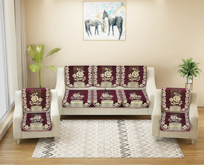 Nendle Chenille 3+2 Seater Sofa Floral Cover(Pack of 6 Wine)
