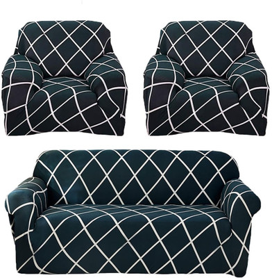 KriShyam Polyester Geometric 3+1+1 Seater Sofa Cover(Green With White Line Pack of 1)