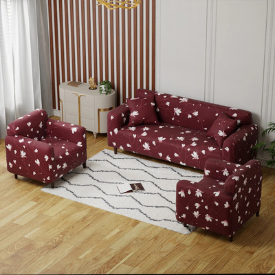 lukzer Polyester Floral 3+1+1 Seater Sofa Cover(Maroon Pack of 1)