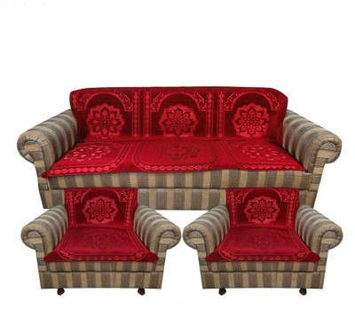 MONKDECOR Velvet Floral 3+2 Seater Sofa Cover(Maroon Pack of 6)