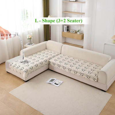 HOKiPO Polyester Abstract 3+2 Seater L-Shape Sofa Cover(Natural Beige Abstract Art Pack of 1)
