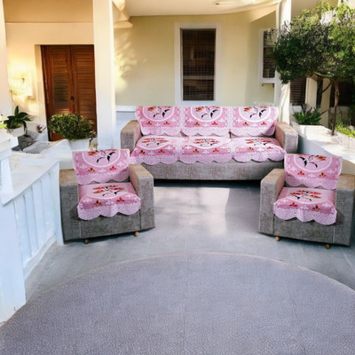 R2H2 Polyester Floral 3+2 Seater Sofa Cover(Pink Pack of 5)