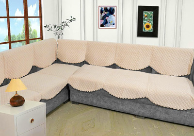 Bigger fish Velvet Checkered 3+3 Seater L-Shape Sofa Cover(Cream Pack of 14)