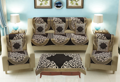 Pinkleaf Polycotton Abstract 3+1+1 Seater Sofa Cover(5 seater sofa cover with matching table cover and cushion cover,Coffee, Pack of 12)