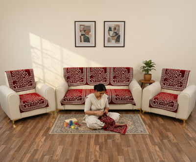 EmmEmm Velvet 3+1+1 Seater Sofa Floral Cover(Pack of 1 Maroon)