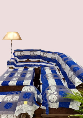 wonder decor Cotton 3+1+1 Seater Sofa Floral Cover(Pack of 9 Blue)