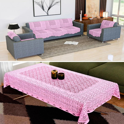EASTTARDOMM Cotton 3+1+1 Seater Sofa Floral Cover(Pack of 7 Stunning Look 5 Seater Sofa cover With Table Cover (Light Pink))