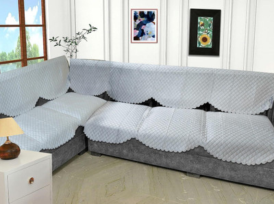 Bigger fish Velvet Checkered 3+3 Seater L-Shape Sofa Cover(Light Grey Pack of 14)